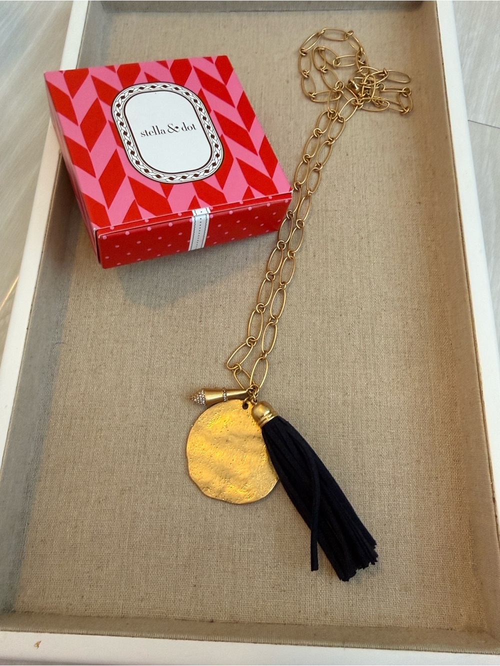 Stella & Dot Gold Disc Necklace with Black Tassel
